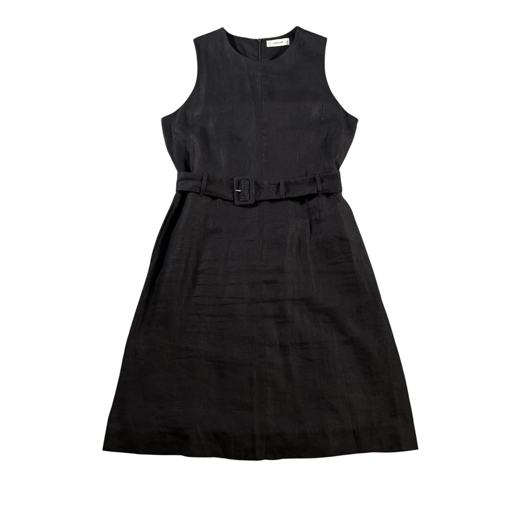 Everlane Black European Flax Linen Belted Midi Dress Sleeveless Size 10 Pocket